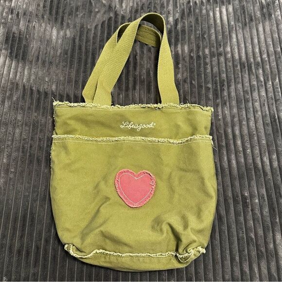 Life Is Good Handbags - Life is Good Canvas Tote Bag Frayed Edge w/ Heart Green